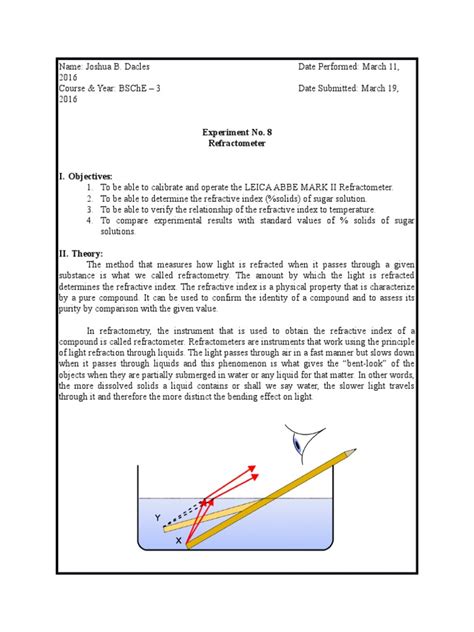 refractometer experiment pdf|how to calculate refractometer.